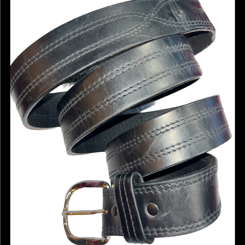 Leegin BLACK Leather BELT brass Silver Buckle Handcrafted in USA Fits 46-53” Men